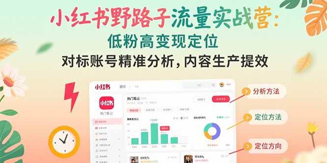 小红书野路子流量实战营：低粉高变现定位 对标账号精准分析 内容生产提效
