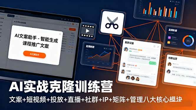 AI实战克隆训练营：文案+短视频+投放+直播+社群+IP+矩阵+管理八大核心模块