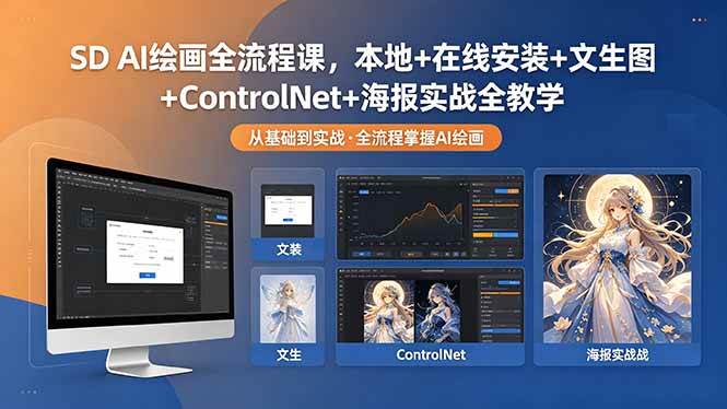 SD AI绘画全流程课，本地+在线安装+文生图+ControlNet+海报实战全教学