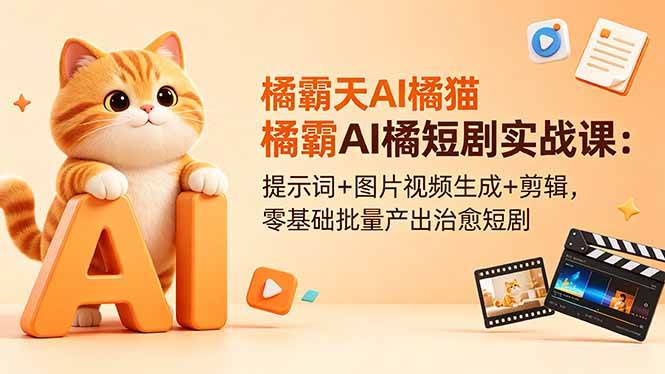 橘霸天AI橘猫短剧实战课:提示词+图片视频生成+剪辑,零基础批量产出治愈短剧