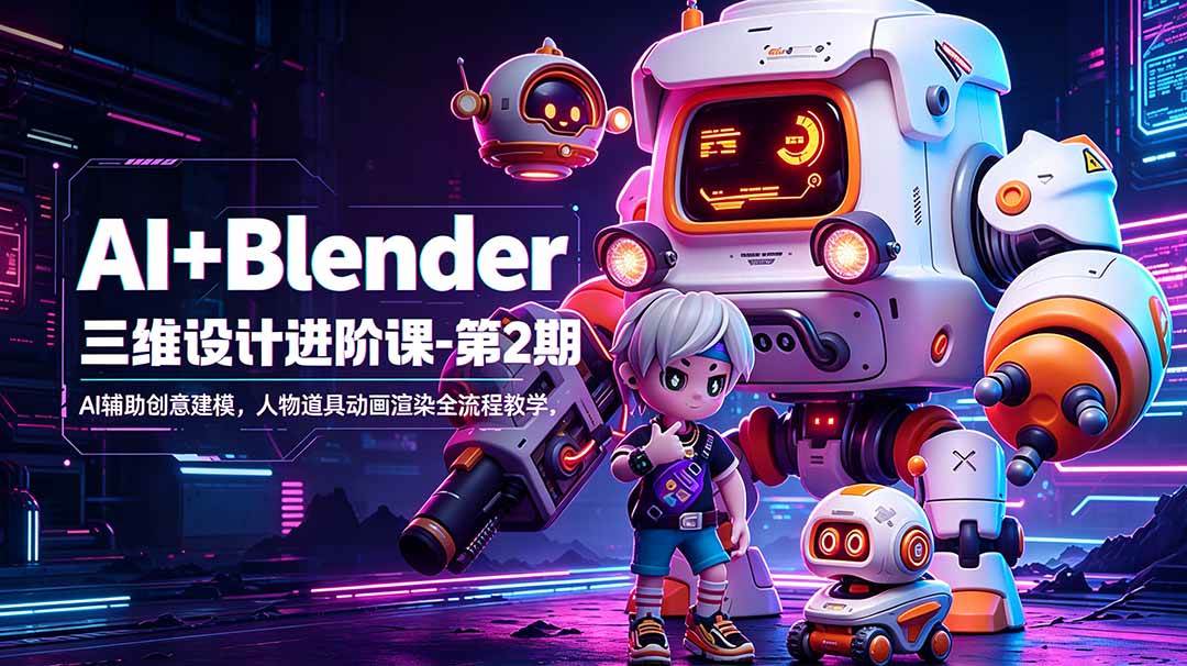 AI+Blender三维设计进阶课-第2期:AI辅助创意建模,人物道具动画渲染全流程教学