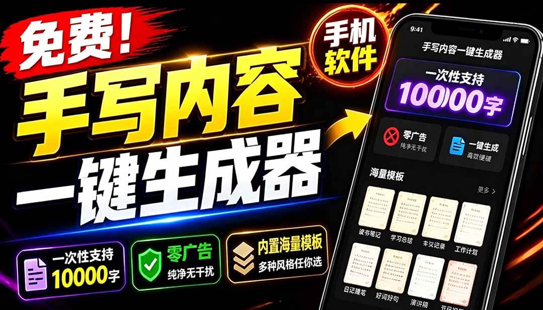 超逼真手写字体一键生成器，纯免费离线运行，一次性支持10000字，零广告，内置海量模板