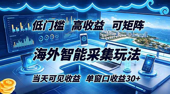 海外智能采集玩法,低门槛高单价可矩阵,当天可见收益,单窗口30+