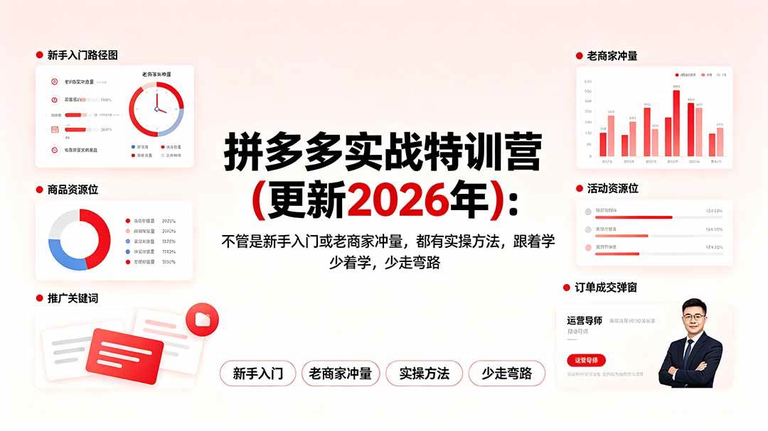 拼多多实战特训营(更新2026年):不管是新手入门或老商家冲量,都有实操方法,跟着学,少走弯路