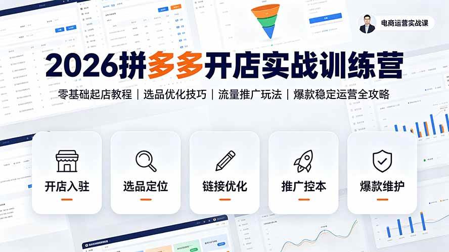 2026拼多多开店实战训练营:零基础起店教程|选品优化技巧|流量推广玩法|爆款稳定运营全攻略