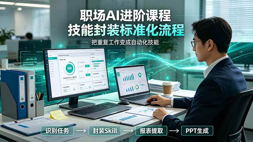 职场AI进阶课程；多类实用Skill工具实操，专属技能封装标准化流程，报表行业报告一键提取核心内容
