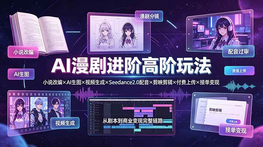 AI漫剧进阶高阶玩法：小说改编×AI生图×视频生成×Seedance2.0配音×剪映剪辑×付费上传×接单变现