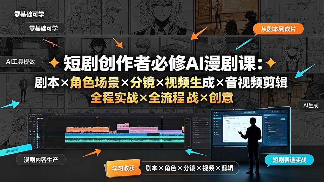 短剧创作者必修AI漫剧课：剧本×角色场景×分镜×视频生成×音视频剪辑×全流程实战×创意短片拆解