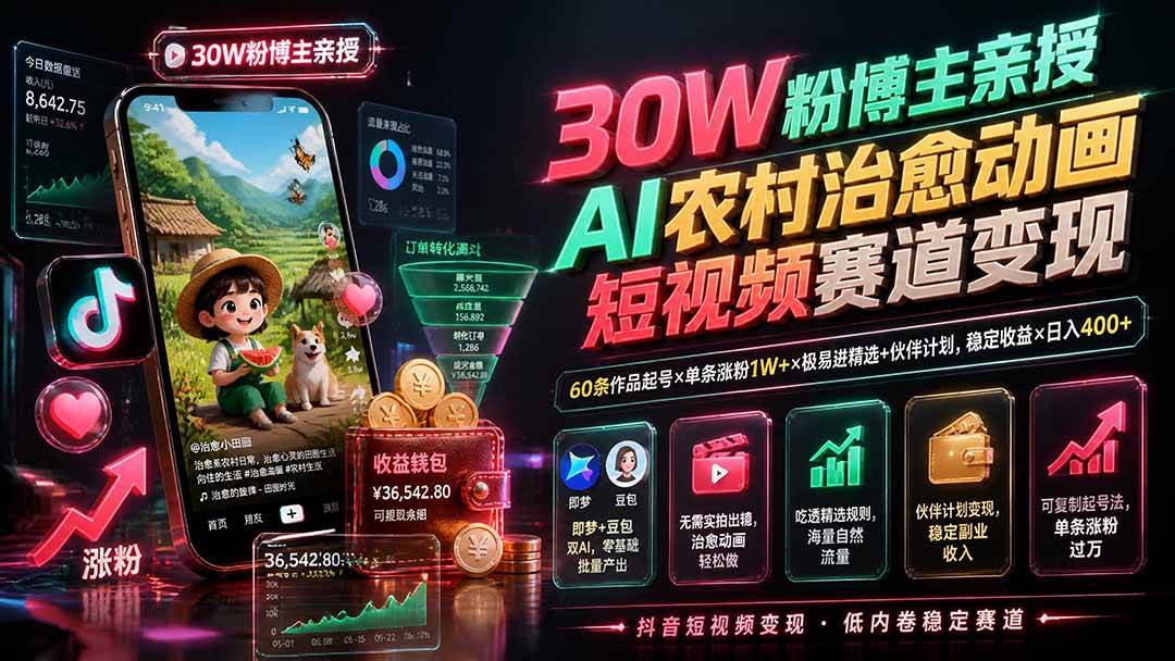 30W粉博主亲授AI农村治愈动画短视频赛道变现:60条作品起号×单条涨粉1W+×极易进精选+伙伴计划,稳定收益×日入400+
